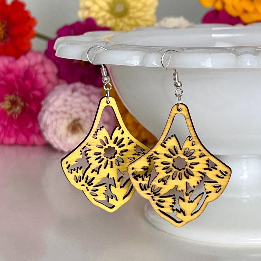 Lightweight Yellow Floral Laser Cut Wooden Earrings